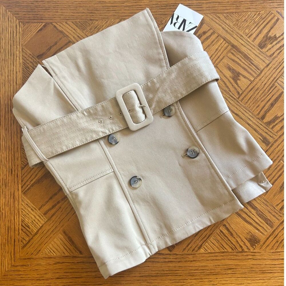 Zara Belted Gabardine Strapless Khaki/Tan Structured Corset Bustier Top